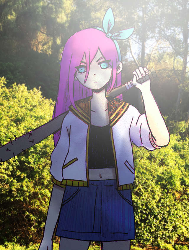 Aubrey, cheveux rose avec bandeau et yeux cyan, elle tient une batte cloutée